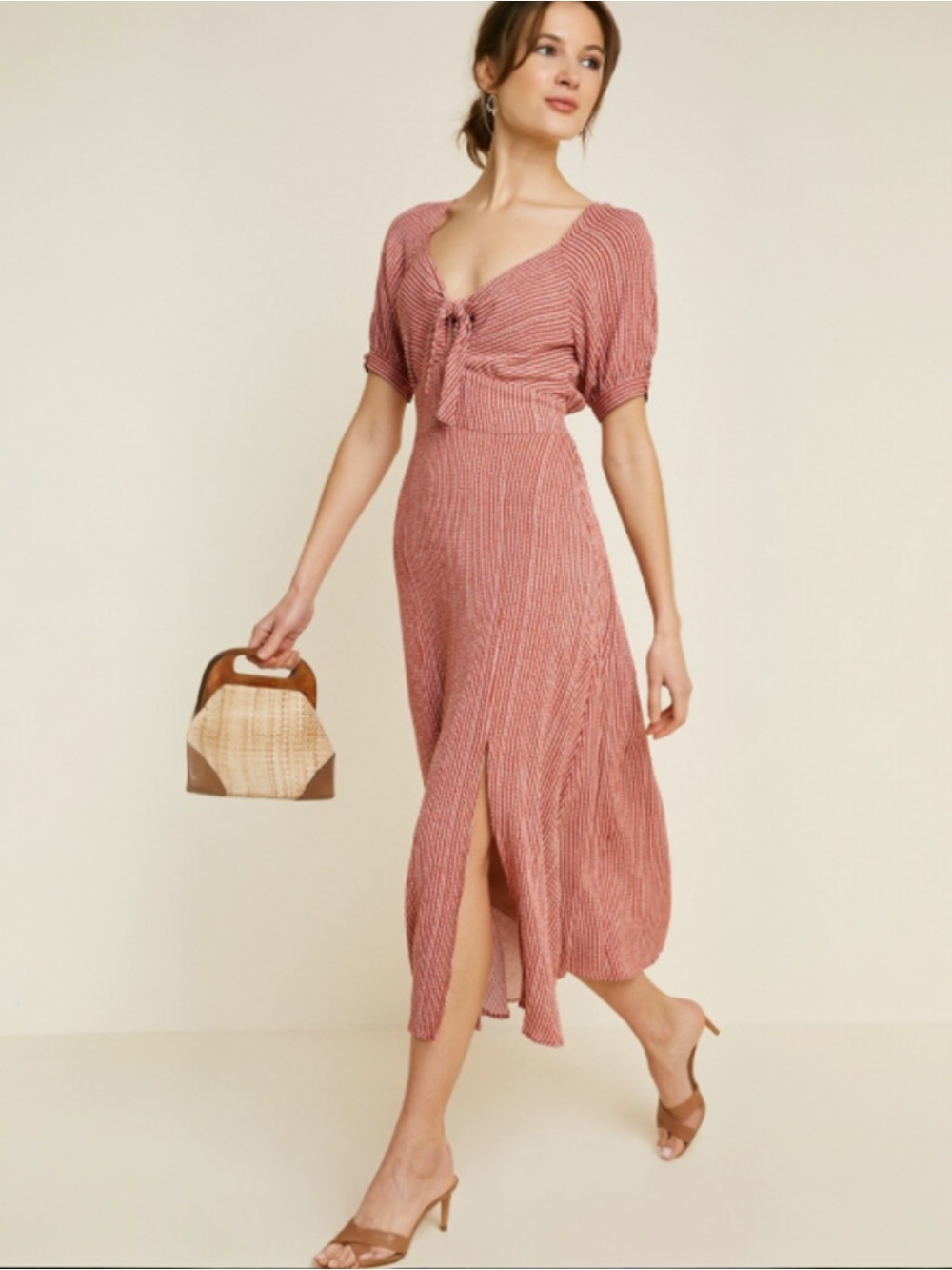 Hayden Red Boho NWT Striped Tie Front Midi Dress Front Slits A-Line Large